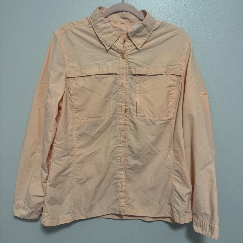 LL Bean Shirt Womens Large Coral Button Down Nylon Blend Roll-Up Tab Outdoors